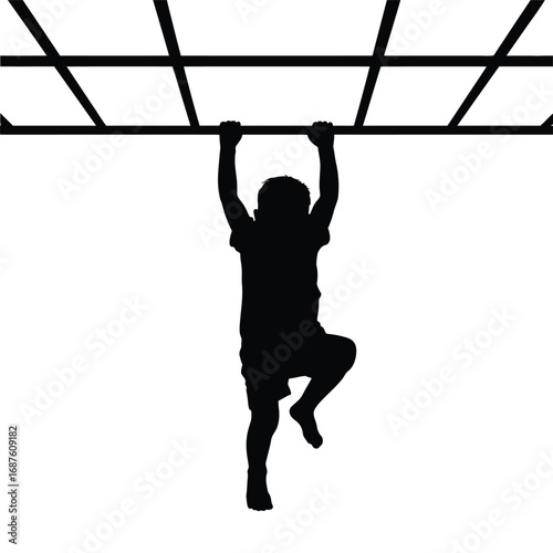Silhouette of a Child Hanging on Monkey Bars Demonstrating Strength and Play
