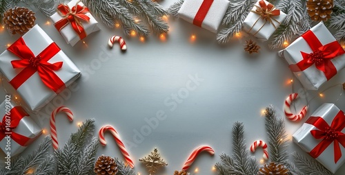 Decorative Holiday Arrangement With Gifts and Festive Elements on a Wooden Su...