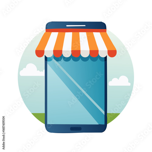 Smartphone with shop awning illustration against a nature background