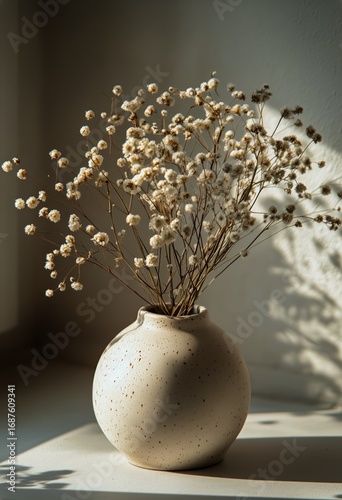 Elegant Floral Arrangement in a Minimalist Vase on a Simple Table in Soft Light.