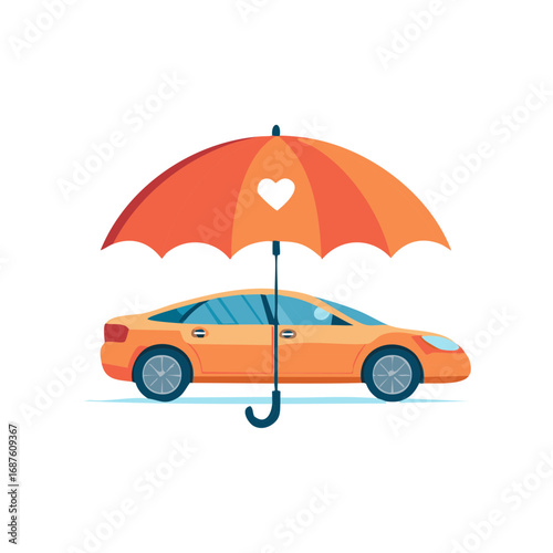 Orange sedan car covered by a bright umbrella with a heart illustration