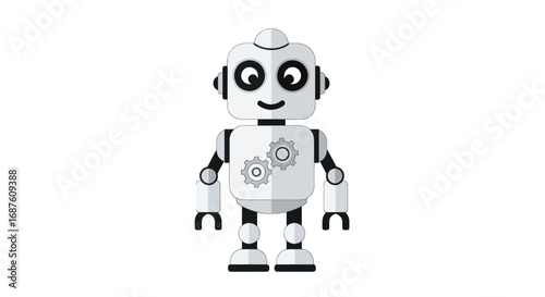 Cute White Robot with Gear Details and Smiling Face.
