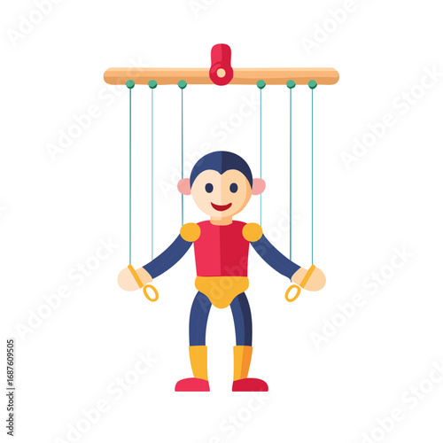 Playful flat design marionette puppet character with control strings