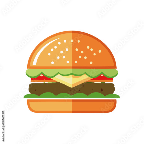 Depiction of a hamburger consisting of bread slices and meat with lettuce tomato cheese