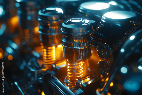 Close-up of Glowing Mechanical Gears and Components: Abstract Industrial Machinery Detail