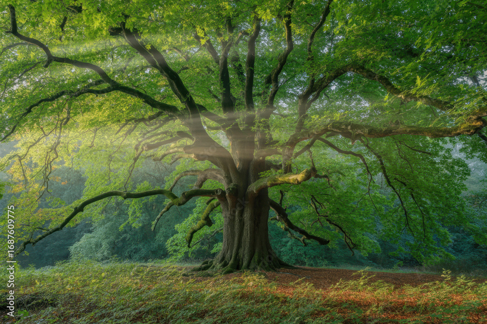 Fototapeta premium Ancient oak tree with sunbeams shining through lush green forest canopy