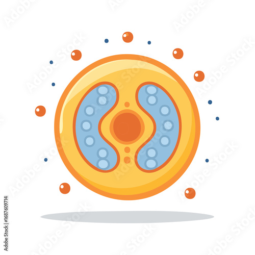 Vibrant abstract cell illustration with internal components and orbiting particles