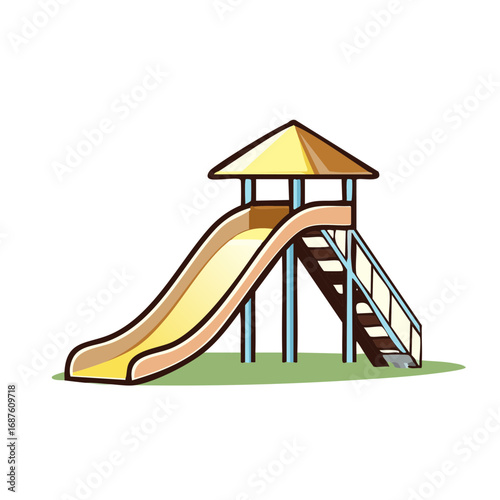 Colorful cartoon illustration of a playground slide with a tower and stairs for children's park equipment