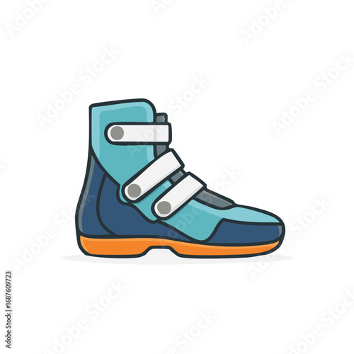 Modern blue and orange high top sports boot with white straps