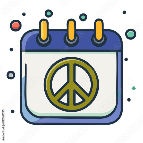 Colorful cartoon calendar icon with a peace symbol marking International Day of Peace celebration