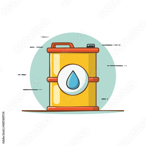 Yellow metal barrel with blue drop symbol for fuel or liquid storage and transport
