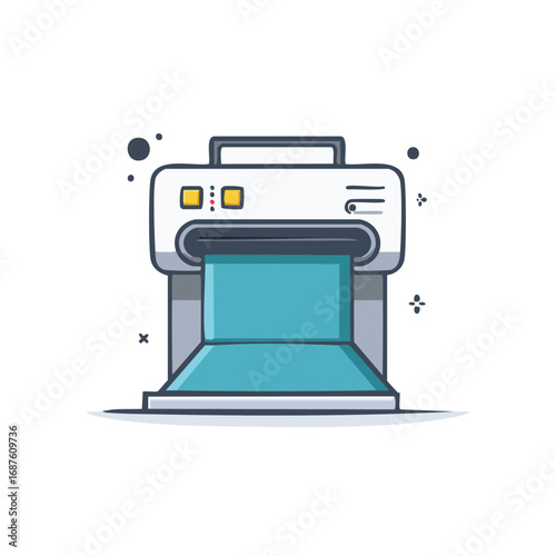 Modern cartoon printer icon with blue paper outputting from the device illustration