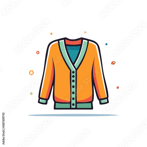 Orange cardigan with buttons, casual clothing, knitwear in flat style, colorful illustration, vector graphic