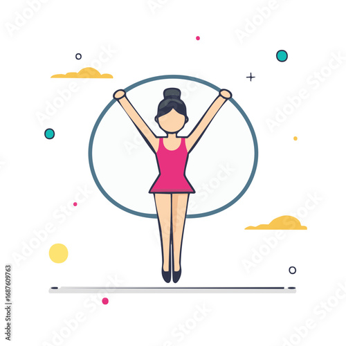 Cartoon gymnast girl with arms raised in a hoop on a white background with colorful accents