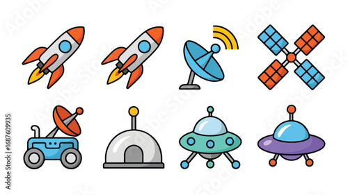 Space exploration and cosmos illustration with rocket satellite and flying saucer design icons