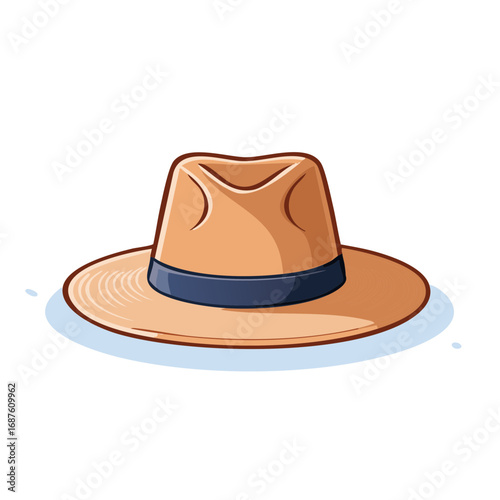 Classic tan fedora hat with a blue band vector illustration graphic icon isolated for travel or fashion