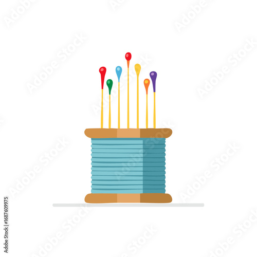 Colorful Sewing Pins Stuck in a Spool of Blue Thread