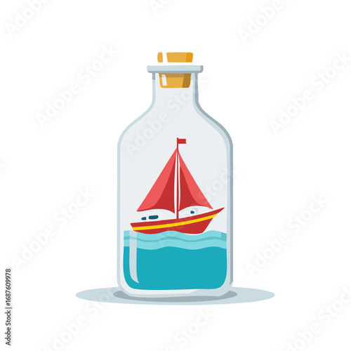 Red sailboat floating in blue water inside a clear glass bottle with a cork stopper