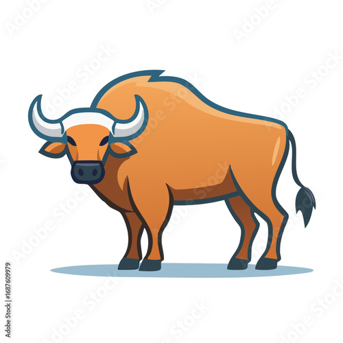 Cartoon illustration of a stylized bull with large horns.
