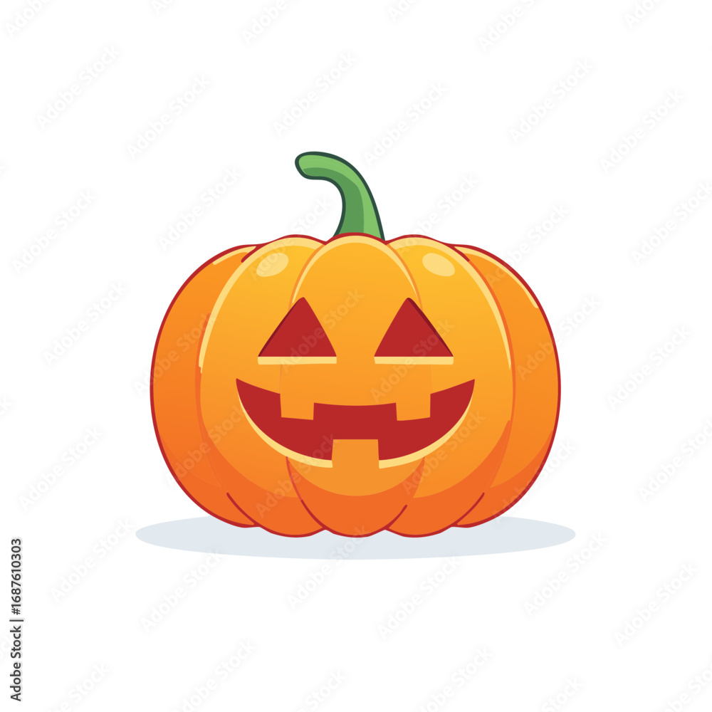 Fototapeta premium Vibrant Orange Jack O Lantern with Green Stem and Friendly Smiling Carved Face for Halloween Holiday