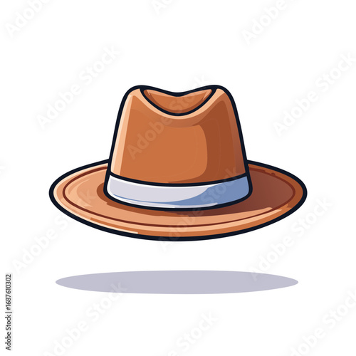 Stylized fedora illustration in tan with light stripe on a white backdrop