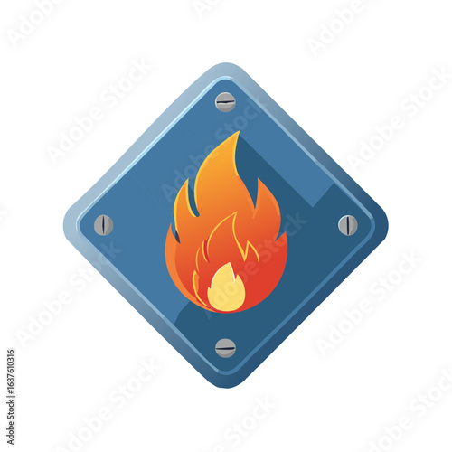 Flammable warning sign with fire symbol icon on a blue diamond shaped plate with screws, danger hazard illustration