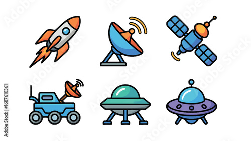 Space exploration vector icons featuring a rocket satellite rover and ufo designs for creative projects