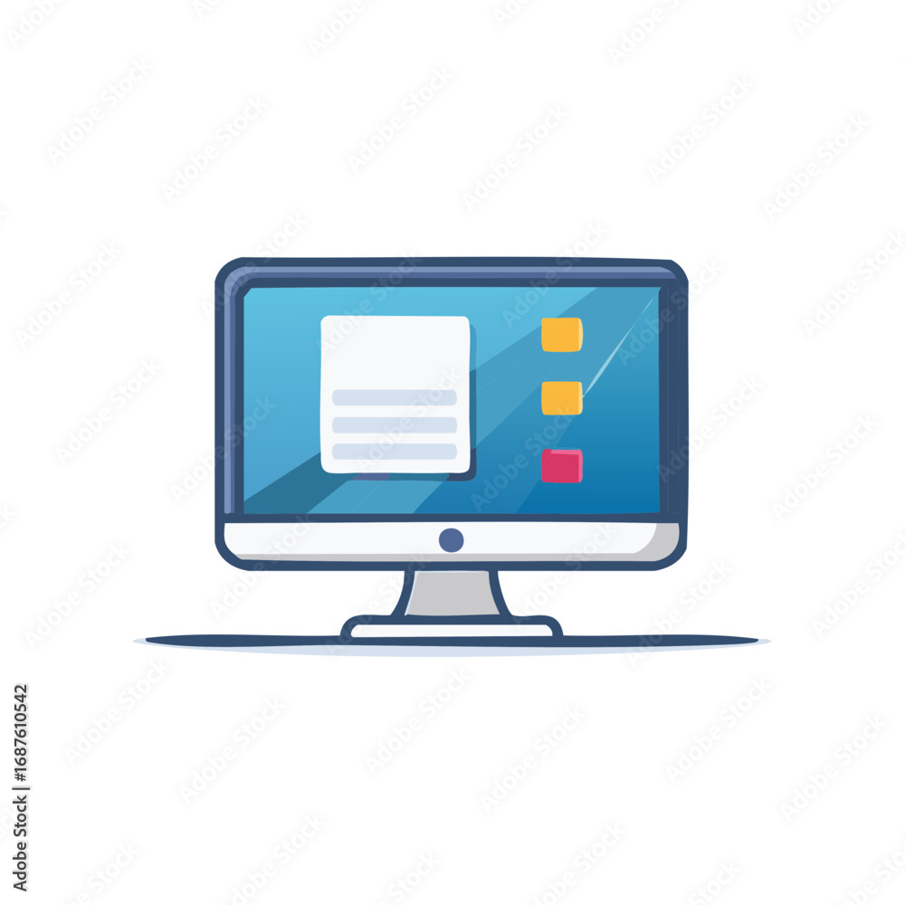 Stylized computer monitor displaying a document file and various application icons on screen Stylized computer monitor displaying a document file and various application icons on screen