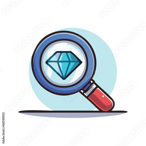 A cartoon magnifying glass inspects a brilliant blue diamond gem finding value and quality concept illustration
