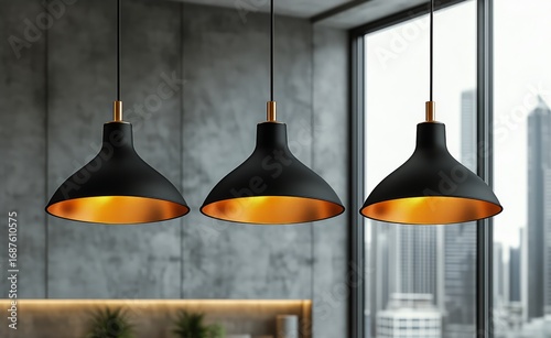 Modern Black and Gold Pendant Lights Illuminate Urban Interior Space in Daylight