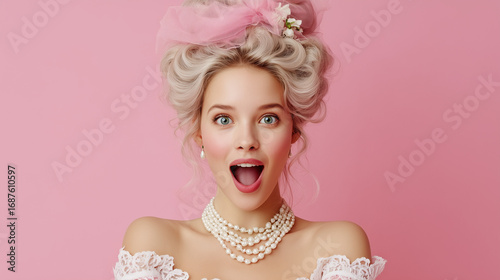 Portrait of Woman with Marie Antoinette Hairstyle in Pink Studio, Wearing Rococo Dress with Laces, Baroque Elegance, Historical Fashion, Surprised, Excited Expression with Open Mouth and Wide Eyes.