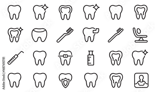 Minimal dentistry symbols collection featuring teeth, orthodontics, braces, sparkle, enamel, and oral hygiene elements.