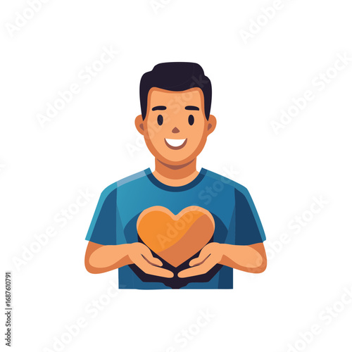 Smiling cartoon person holding an orange heart symbol of love and empathy