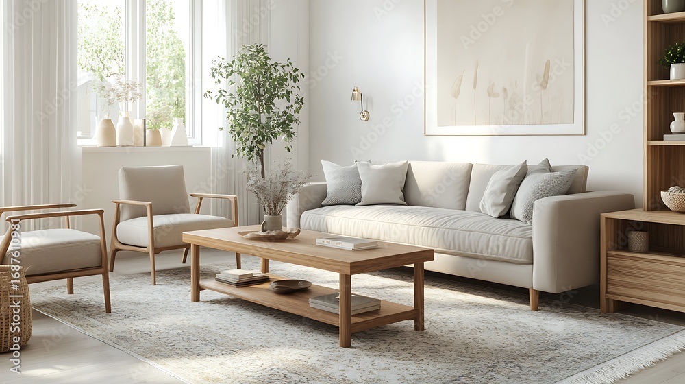 Fototapeta premium Beautiful Apartment, Sofa, Chair, Dining Table wall Mockup Interior design of modern living room