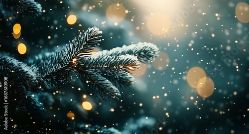 Snowy Pine Branches Adorned With Soft Glowing Lights Create a Cozy Winter Atm...