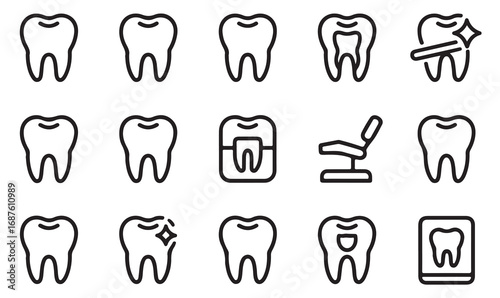 Dental care outline icon set with tooth, braces, cavity, cleaning, implant, X-ray, chair, and oral health doodle illustrations.