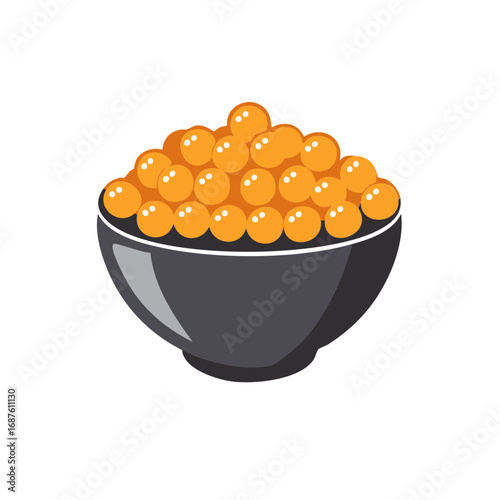 Bowl full of orange roe illustration, sea food delicacy icon, fish eggs in gray bowl, gourmet illustration