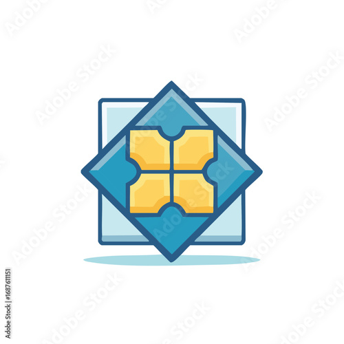 Cartoon blue diamond and square with yellow four segment design icon