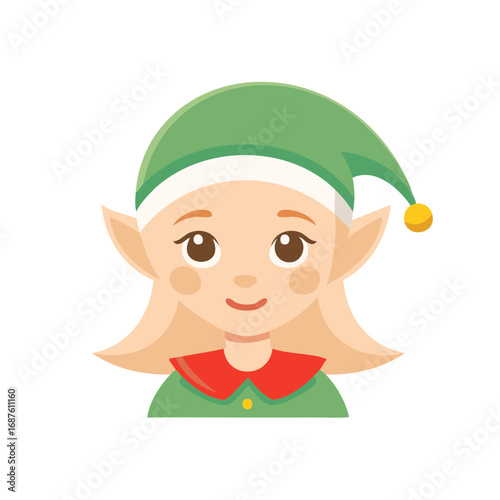 Cute illustration of a happy cartoon elf girl with pointed ears and a festive green hat