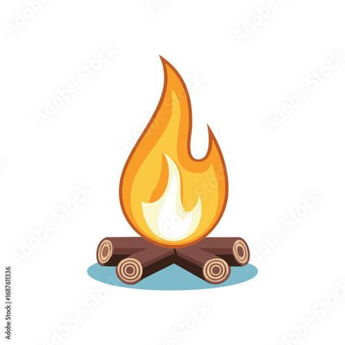 Cartoon Campfire Flames Illustration, Stacked Wooden Logs, Isolated Burning Fireplace Graphic