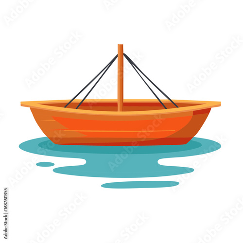 Simple orange wooden rowboat floating on blue water with a mast and ropes