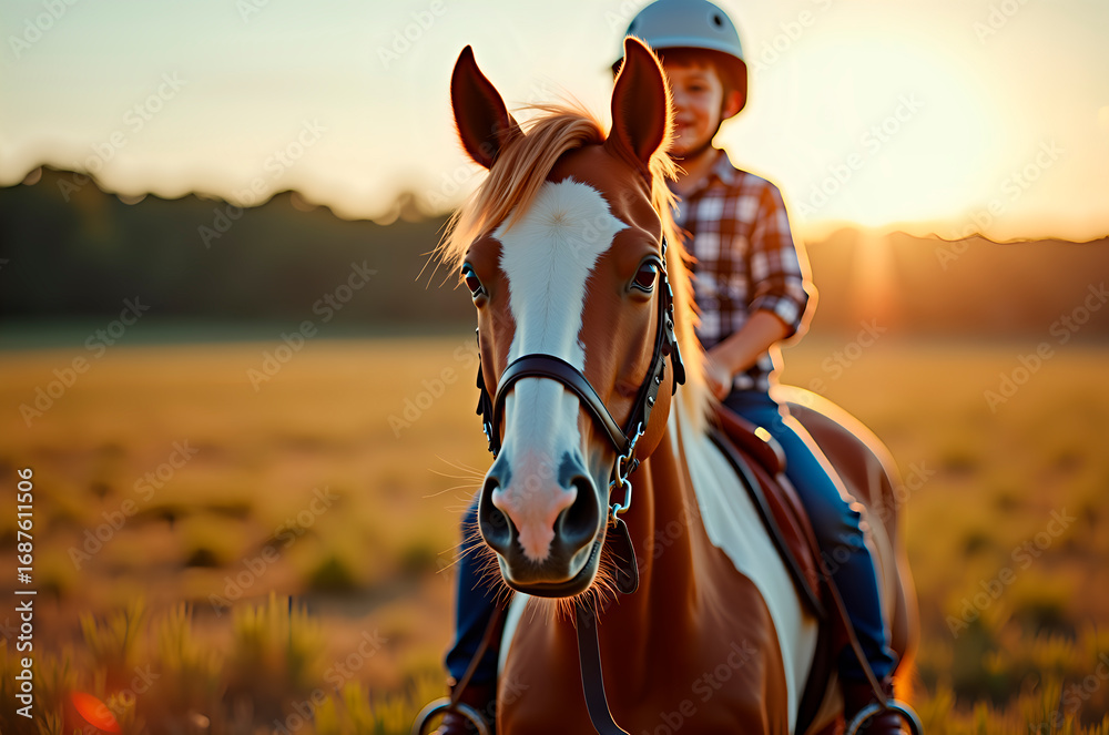 Fototapeta premium Child Riding Horse at Sunset
