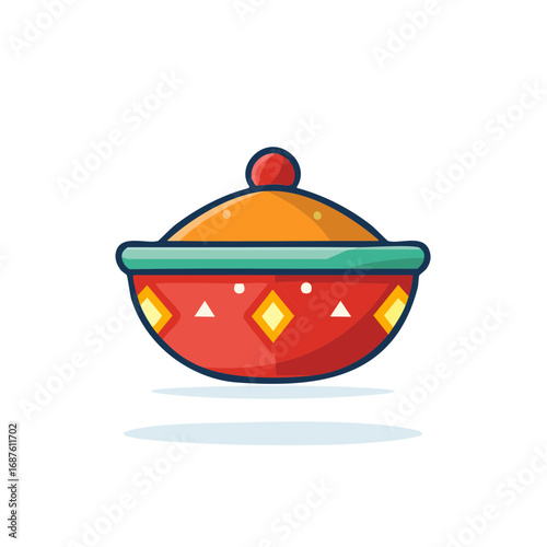 Colorful traditional ceramic cooking pot with lid and geometric pattern cartoon vector illustration