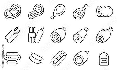 Meat product doodle pack in minimal linear style with chicken, beef, pork, bacon, ribs, ham, and sausage elements.