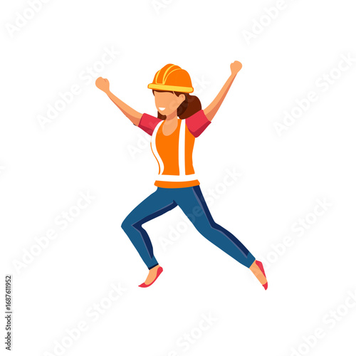 Joyful female construction worker with raised arms celebrates success