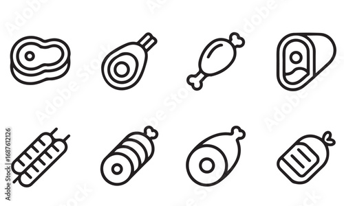 Butcher and protein food line illustrations including ham, salami, steak, skewer, canned food, and fresh raw cuts.