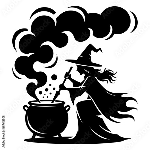 witch brewing potion with cauldron and smoke silhouette vector