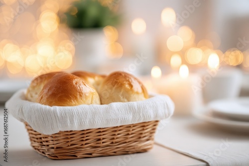 Warm bread rolls in cozy basket create inviting atmosphere with