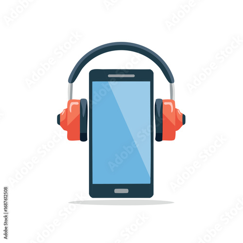 Smartphone and headphones listening music, sound entertainment, mobile audio devices concept