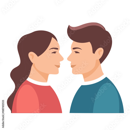 Young couple in profile looking at each other with smiles warm connection